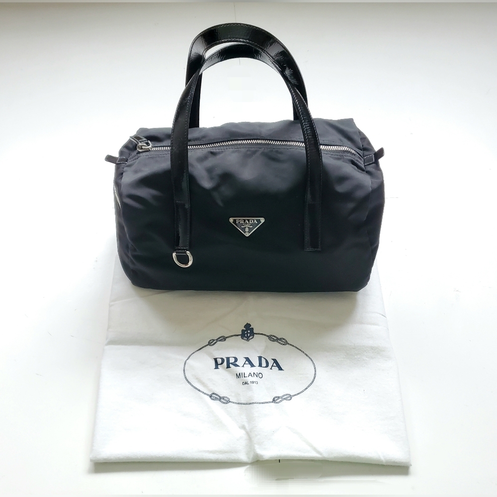 (Sale)Prada Logo Plate Small Nylon Boston Bag